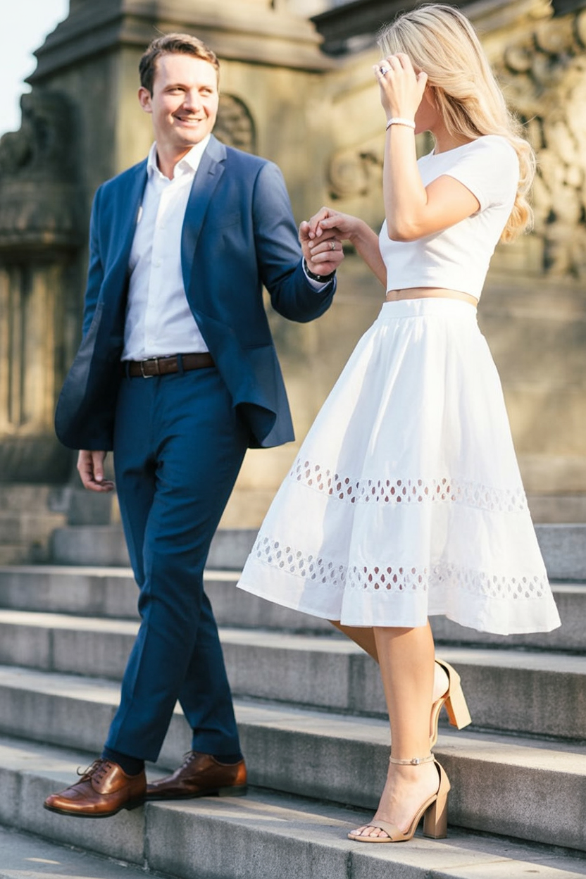 Modern two-piece white dress for engagement