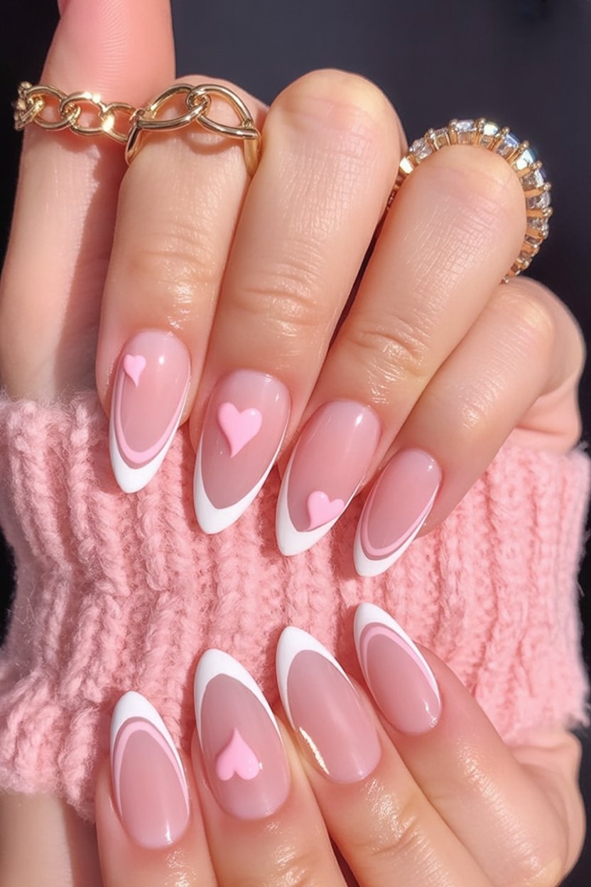 Almond Pink And White Heart French Nails