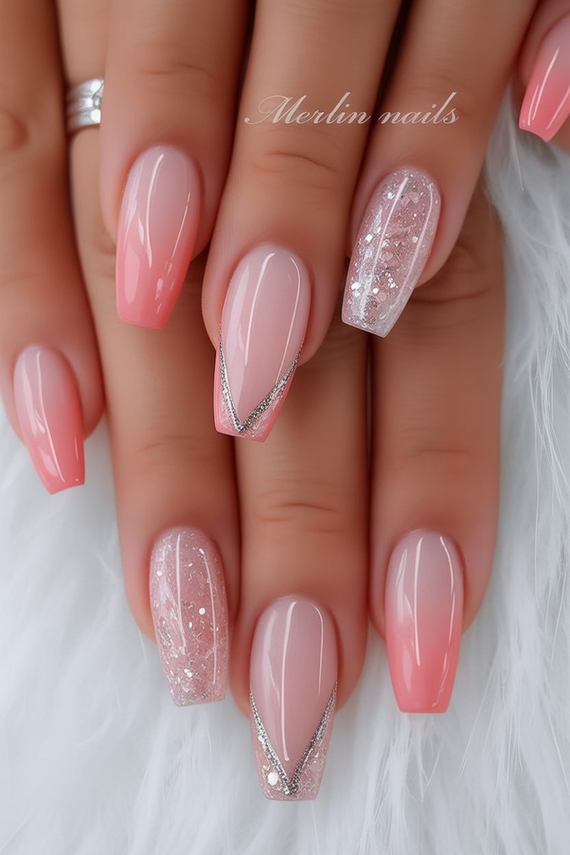 Sparkling Pink Ombre Ballerina Nails