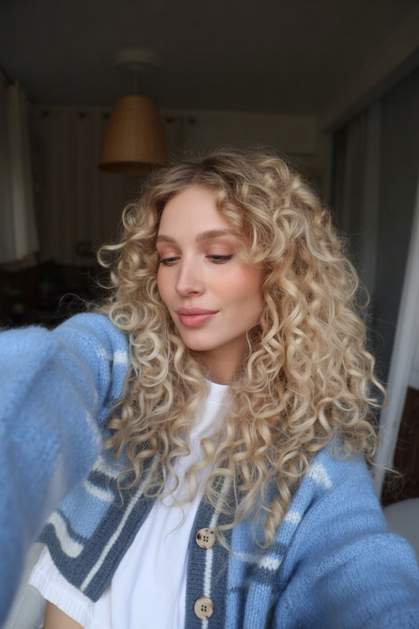 Curly dirty blonde hair with natural highlights