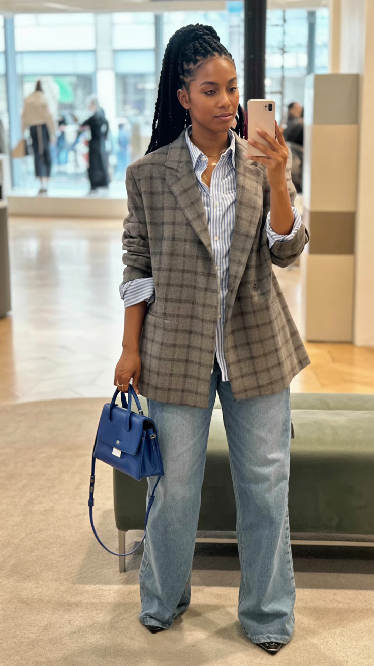 Plaid Blazer with Striped Shirt and Jeans