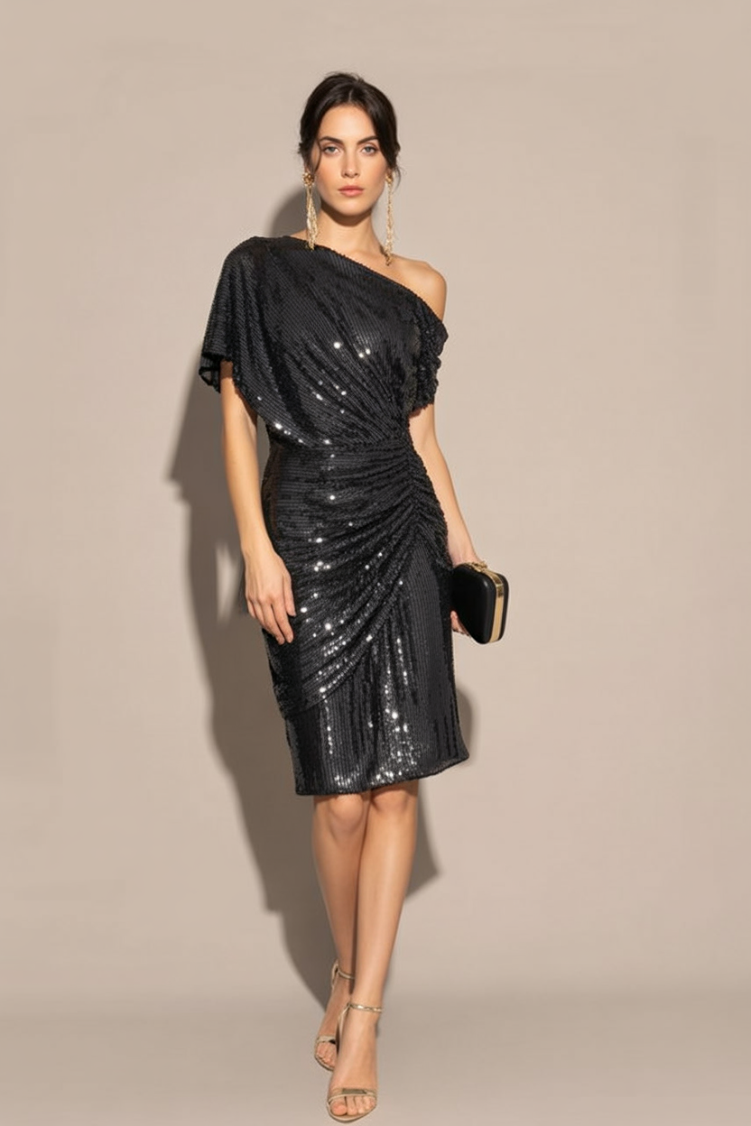 One-Shoulder Black Sequin Cocktail Dress