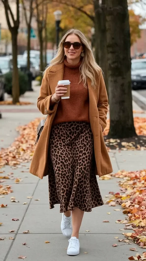 Fall outfit with camel coat and leopard print