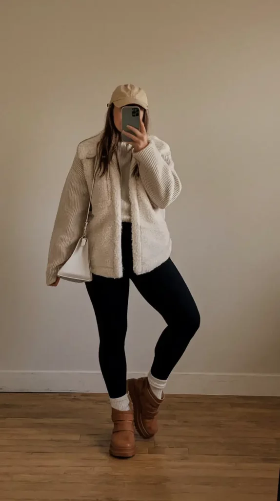 Off-white layered sweater and teddy jacket with leggings