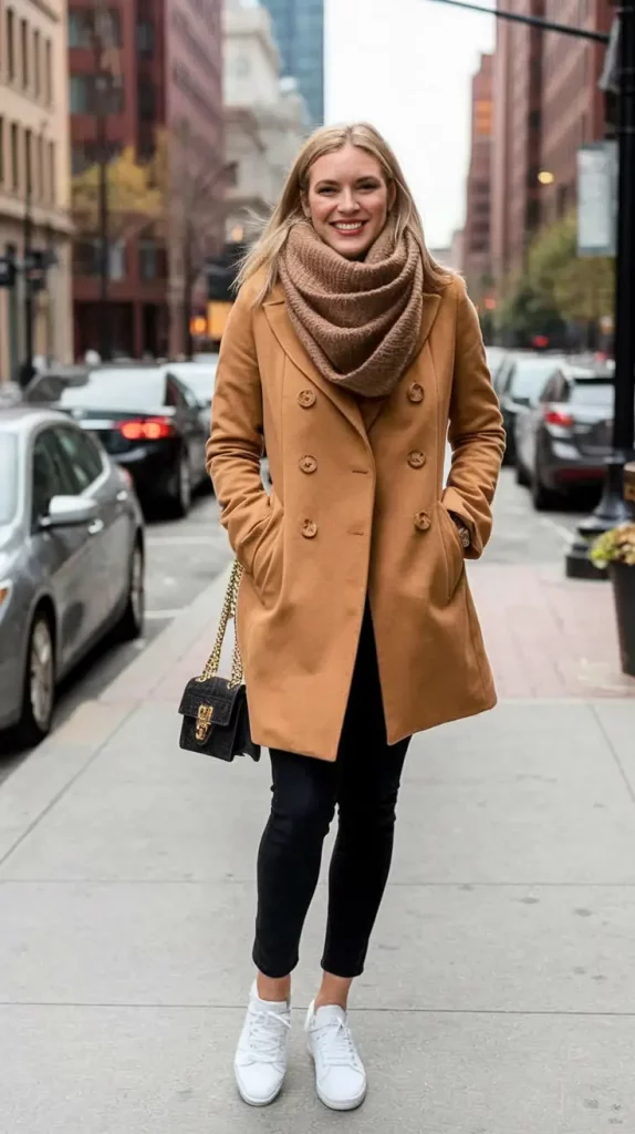 Camel peacoat with black pants and white sneakers