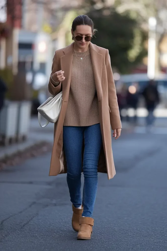 Denim with tan UGG boots and camel coat