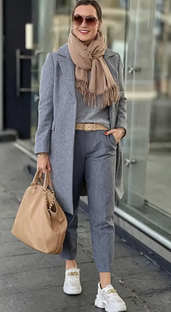 Tailored wool coat with beige turtleneck and trousers