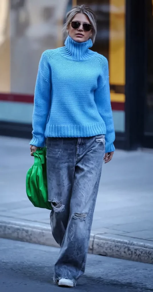 Bright blue chunky knit with distressed denim and neon clutch