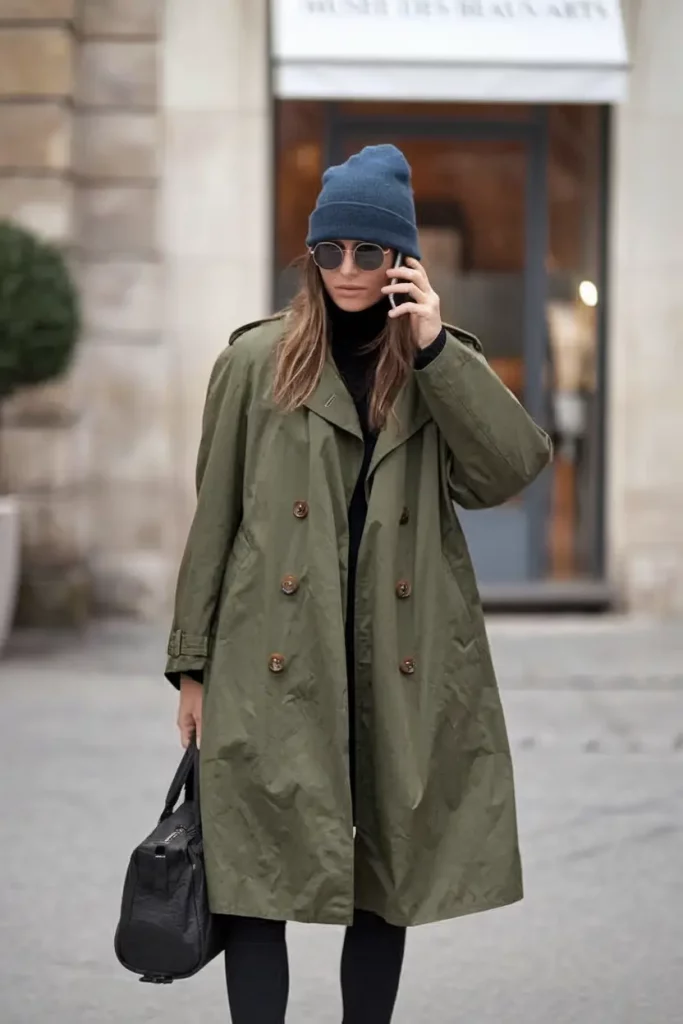 Olive trench coat over black basics with navy beanie
