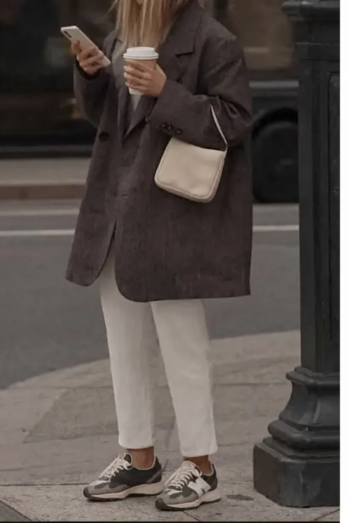 Oversized brown blazer with cropped white jeans and sneakers