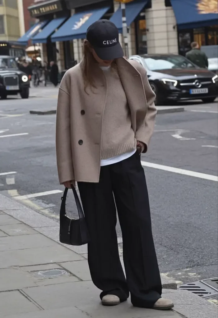 Taupe knit with wide-leg pants and boxy coat