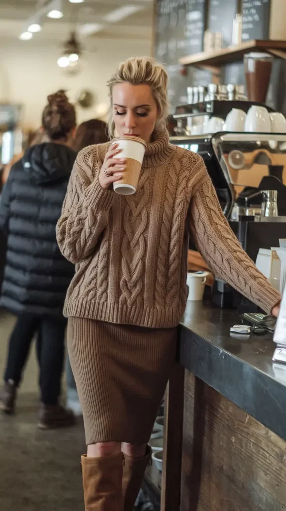 Chunky cable knit sweater paired with ribbed midi skirt