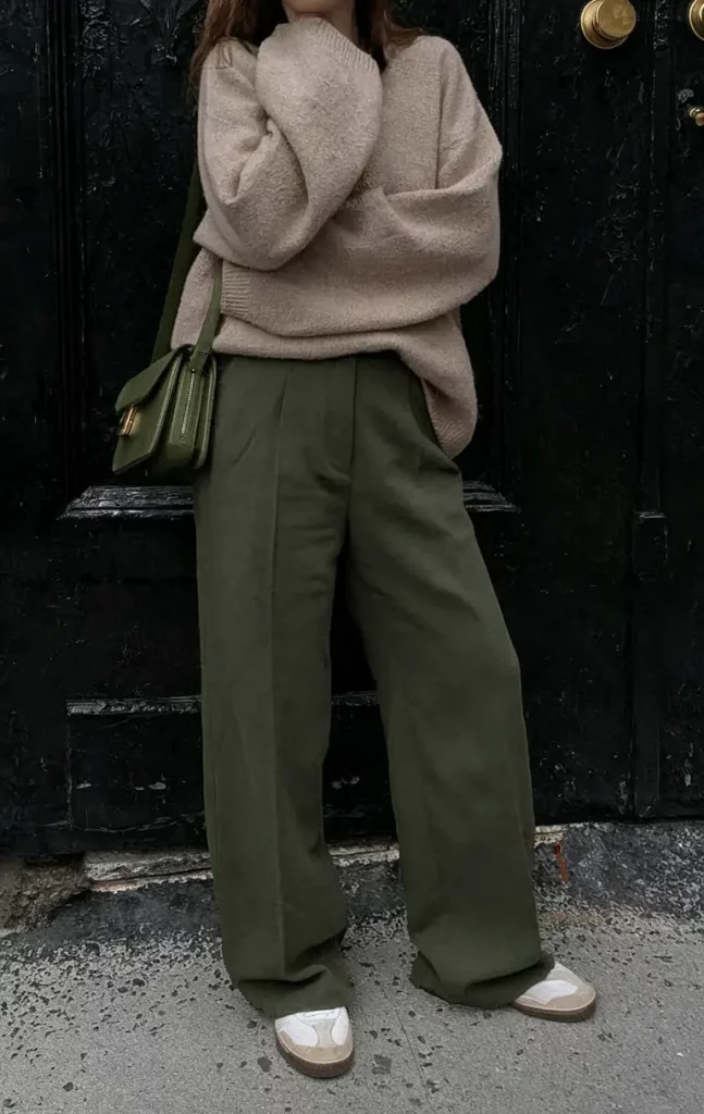 Olive flared pants with taupe knit sweater