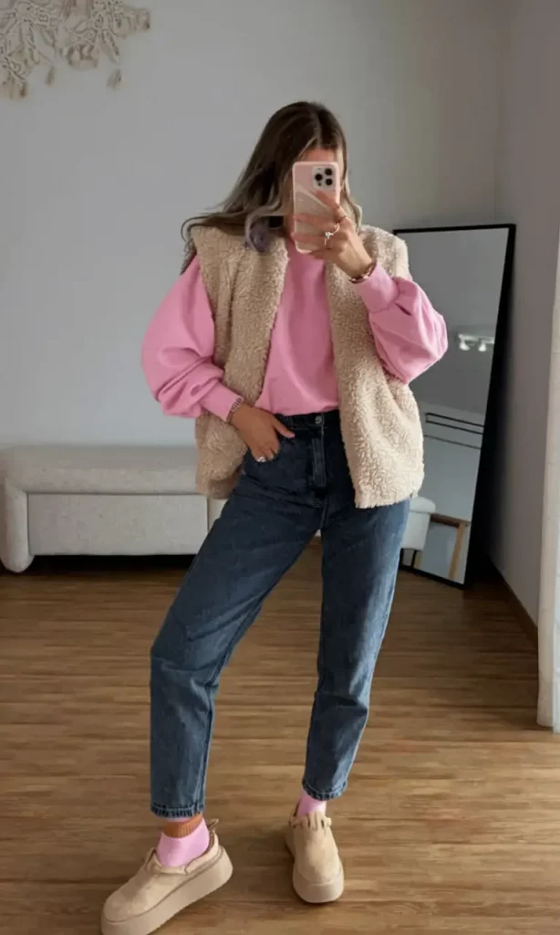 Bubblegum sweatshirt with cream sherpa vest and mom jeans
