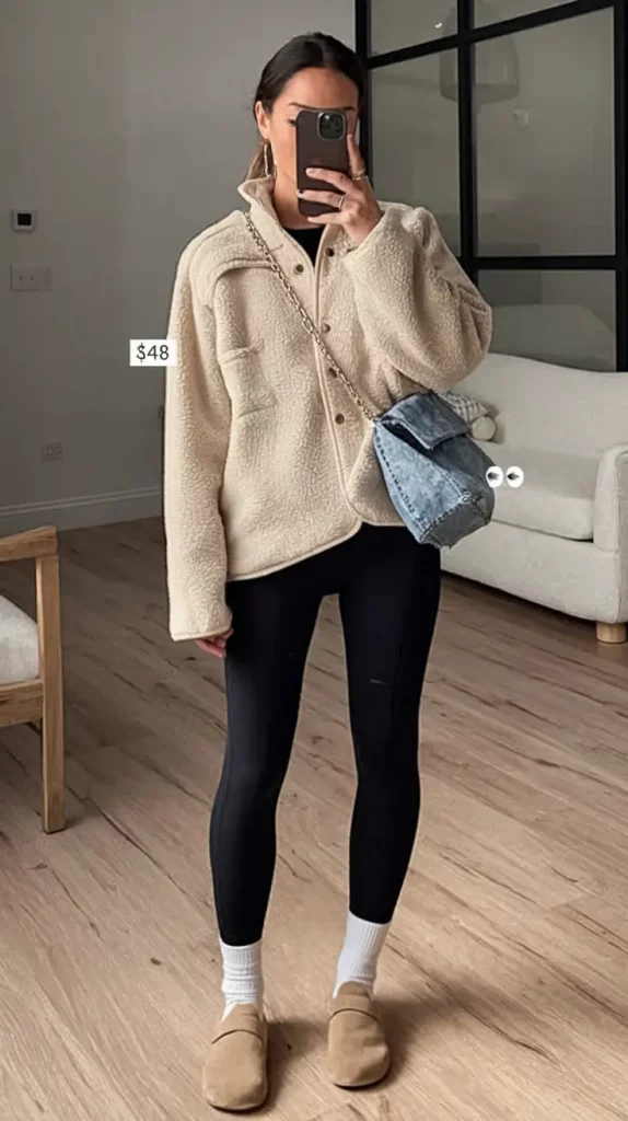 Beige sherpa jacket with black leggings and slippers