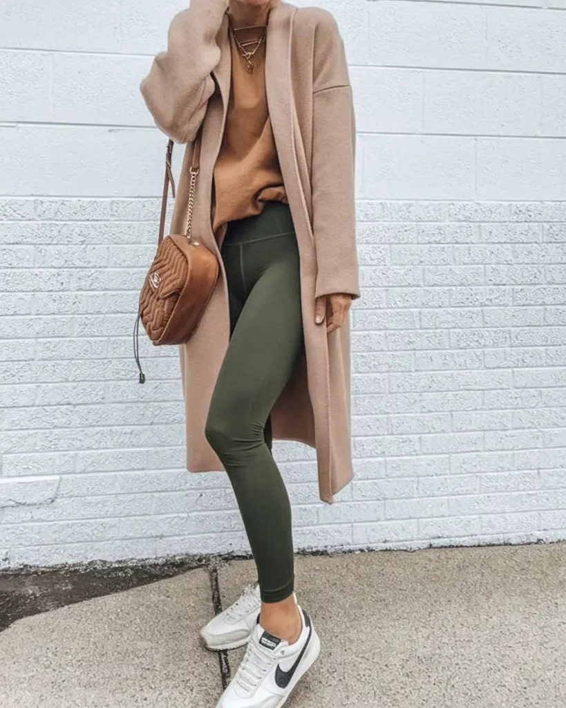 Olive leggings with brown sweater, camel coat, and Nike Cortez sneakers
