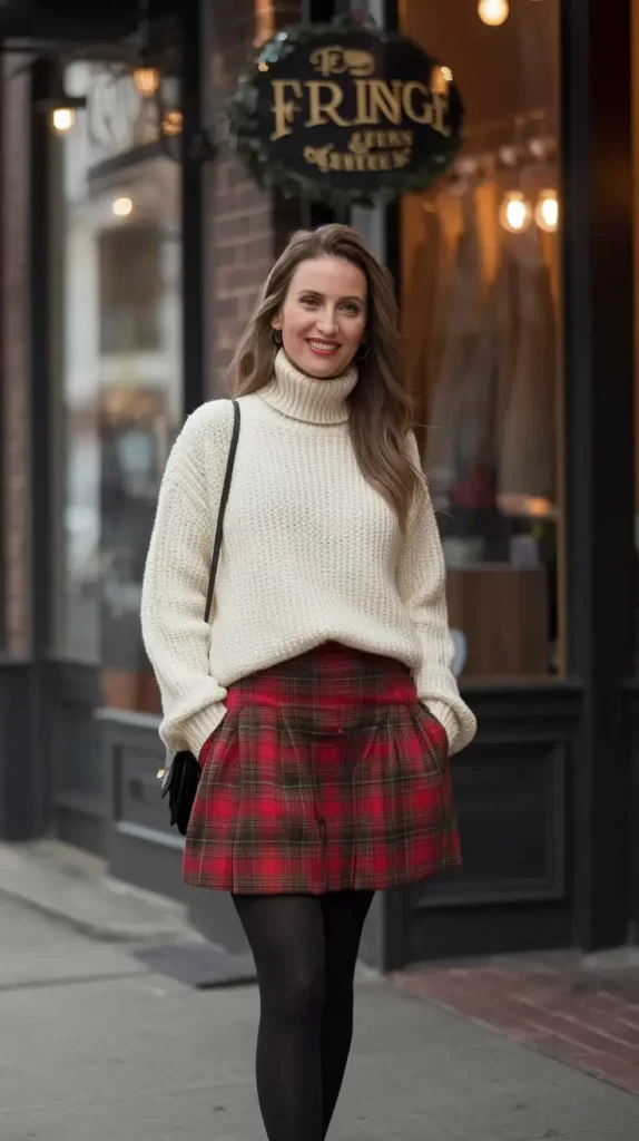 Cream knit with red tartan skirt and black tights