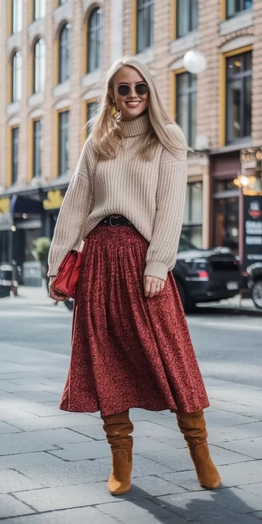 Beige ribbed sweater with flowing red skirt