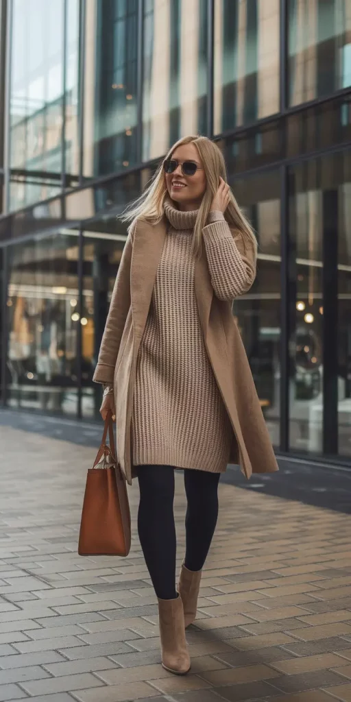 Sweater dress with camel coat and tights