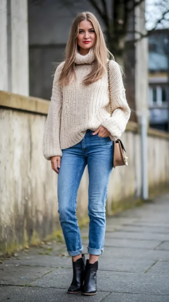 Oversized cream sweater with cuffed jeans and boots