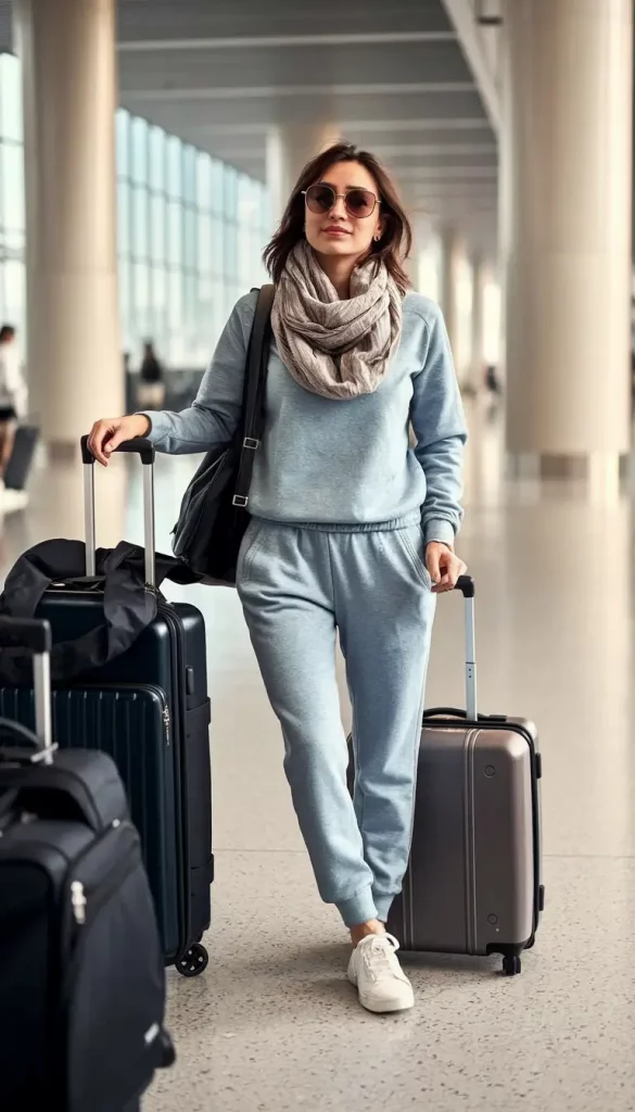 Grey loungewear set with floral scarf and sneakers