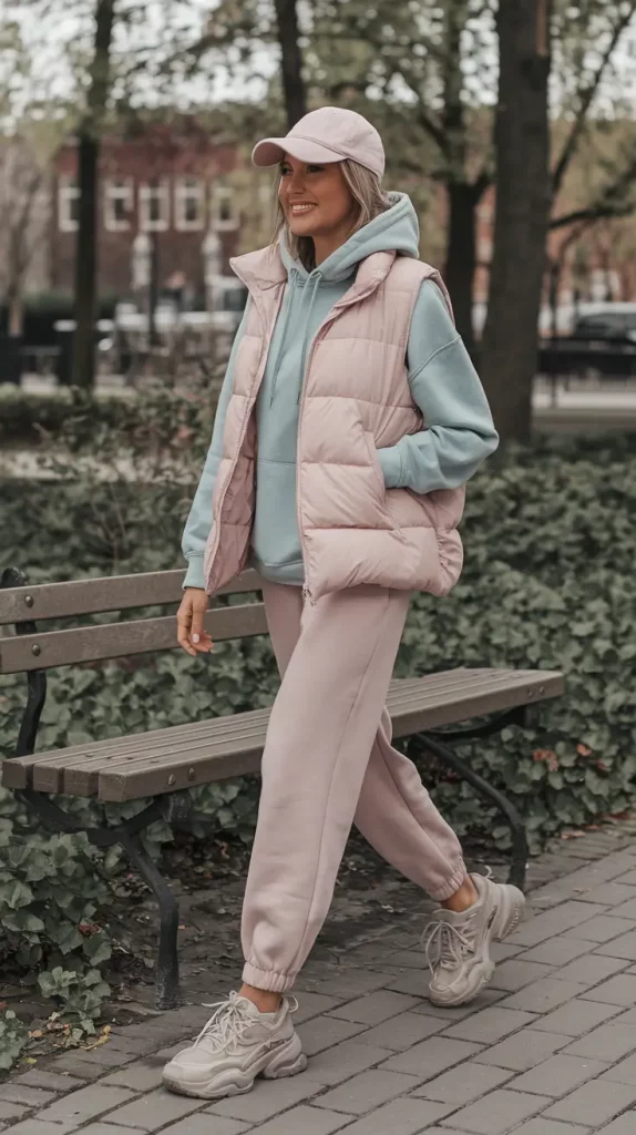 Pastel athleisure outfit with joggers, hoodie, and vest
