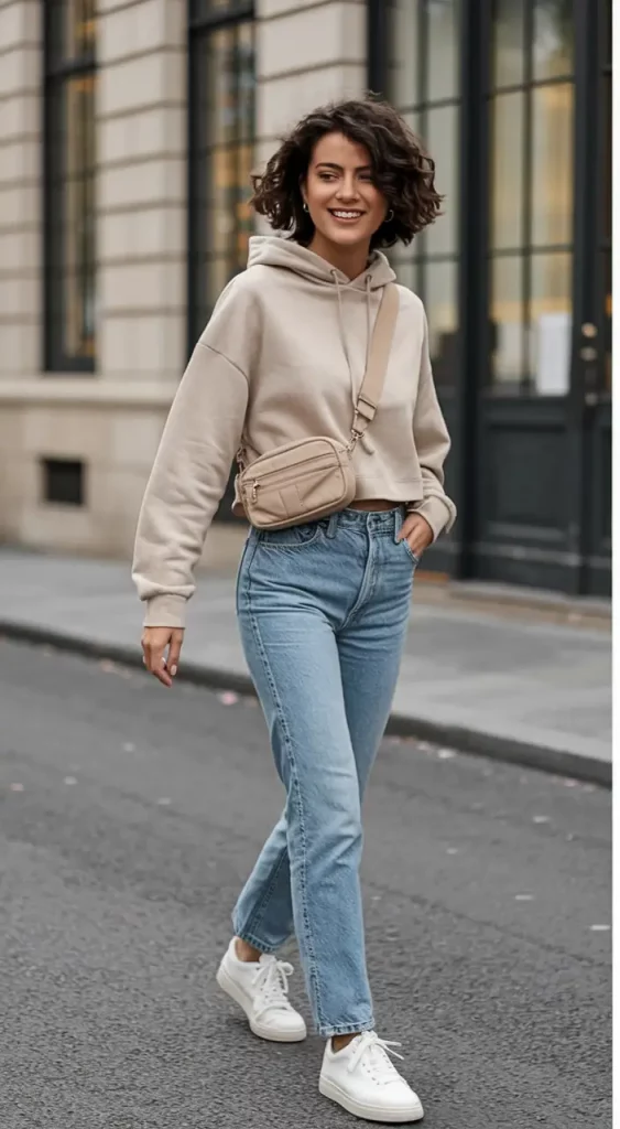 Beige cropped hoodie with vintage-style light jeans