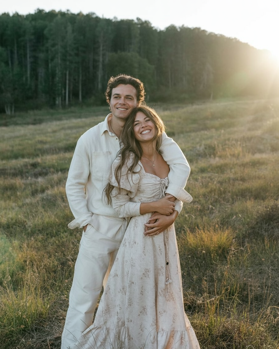 Soft neutral engagement outfits in meadow