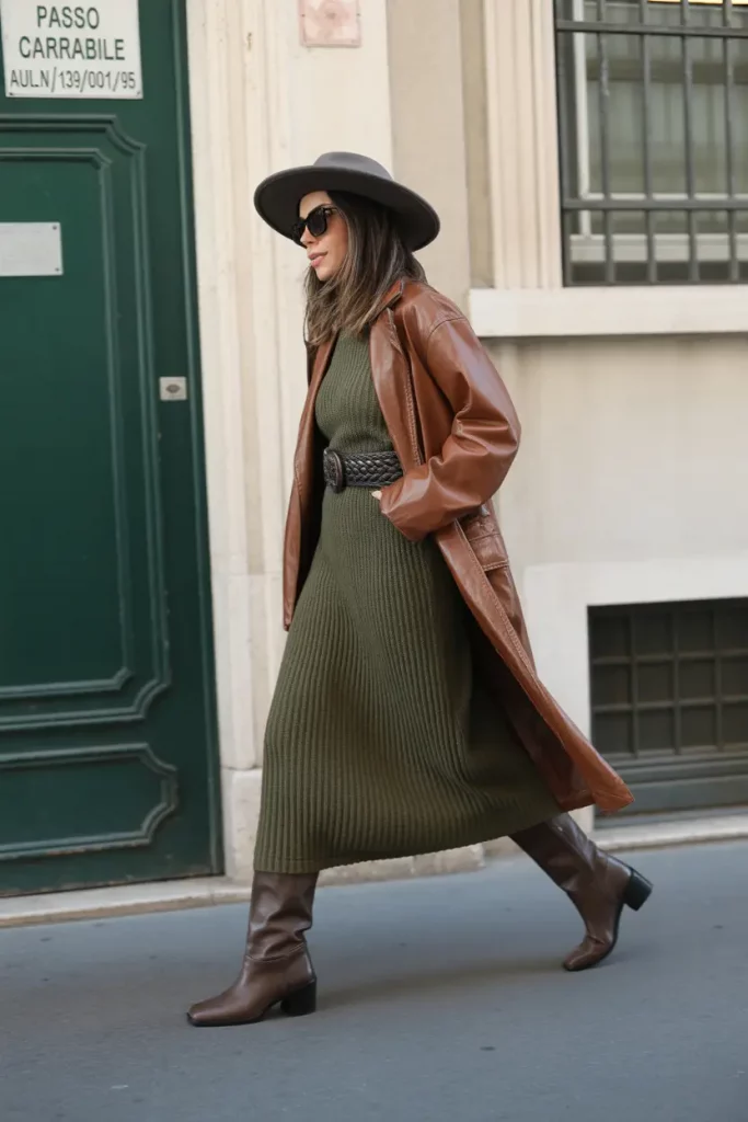 Earthy Green and Leather Winter Outfit