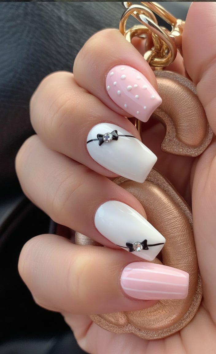 Pink And White Bow-Tied Nails
