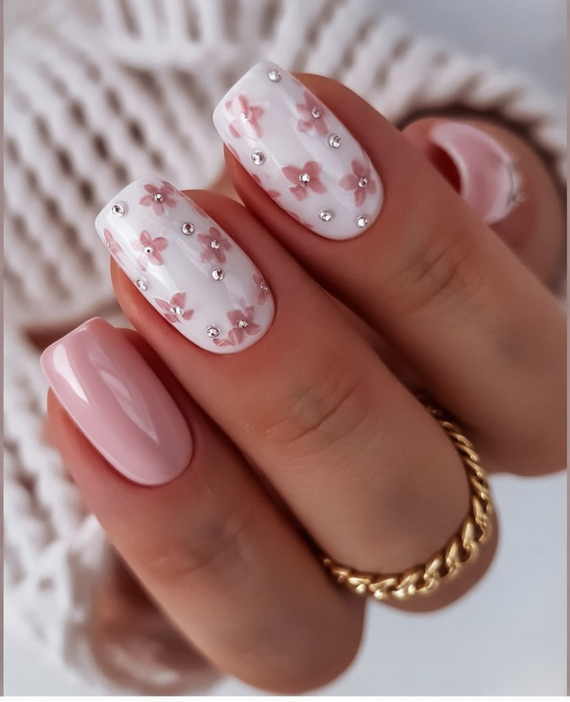Delicate Floral Pink And White Nails