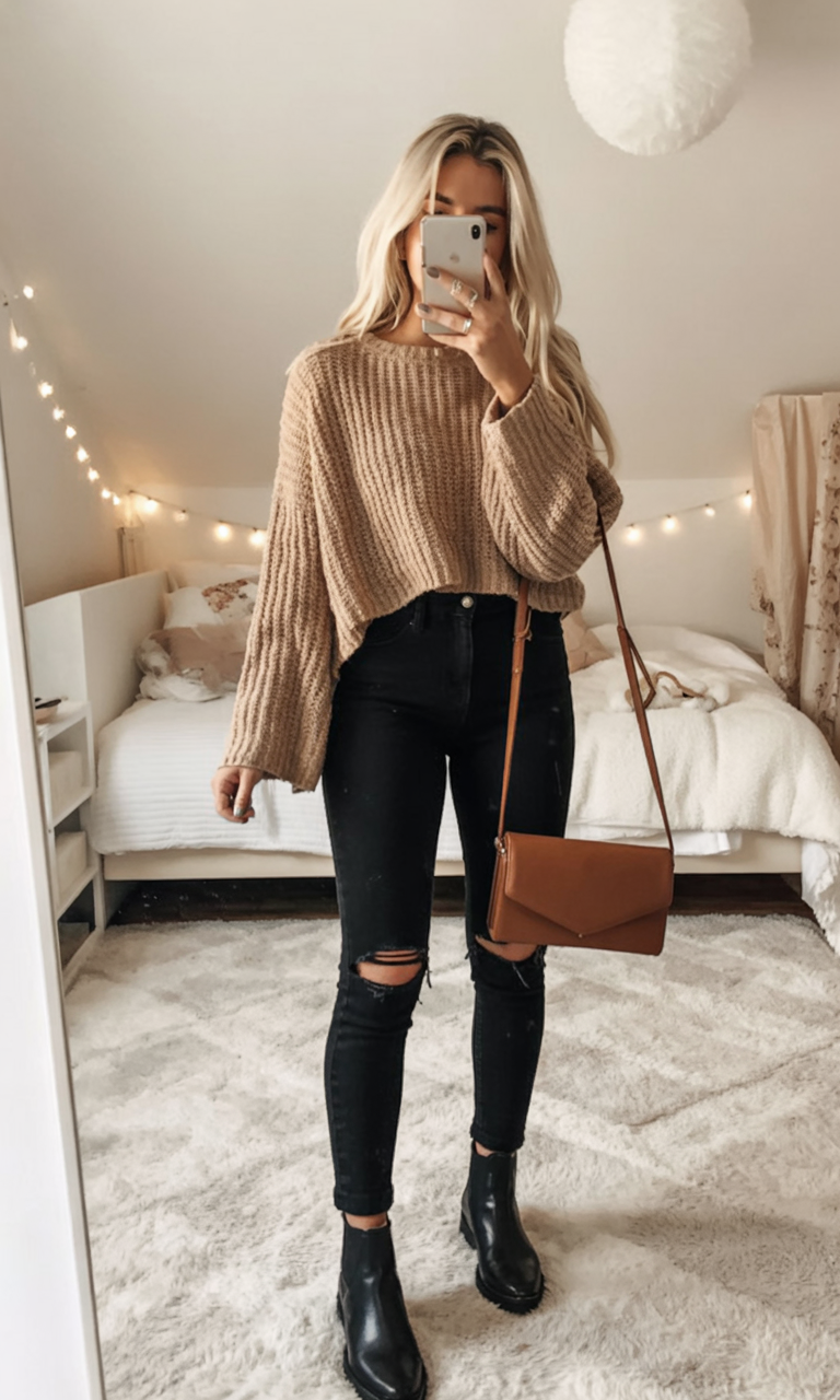 cropped latte knit with black jeans