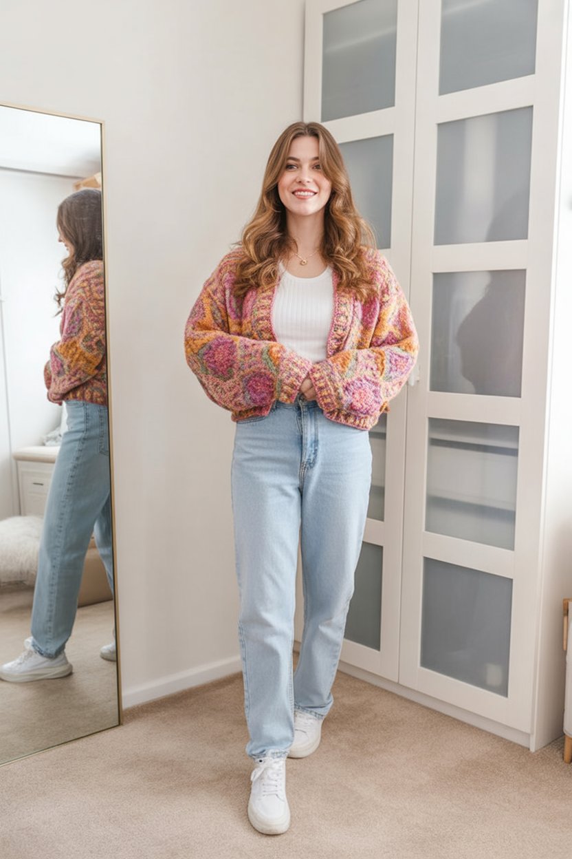 Colorful Knit Sweater with Denim